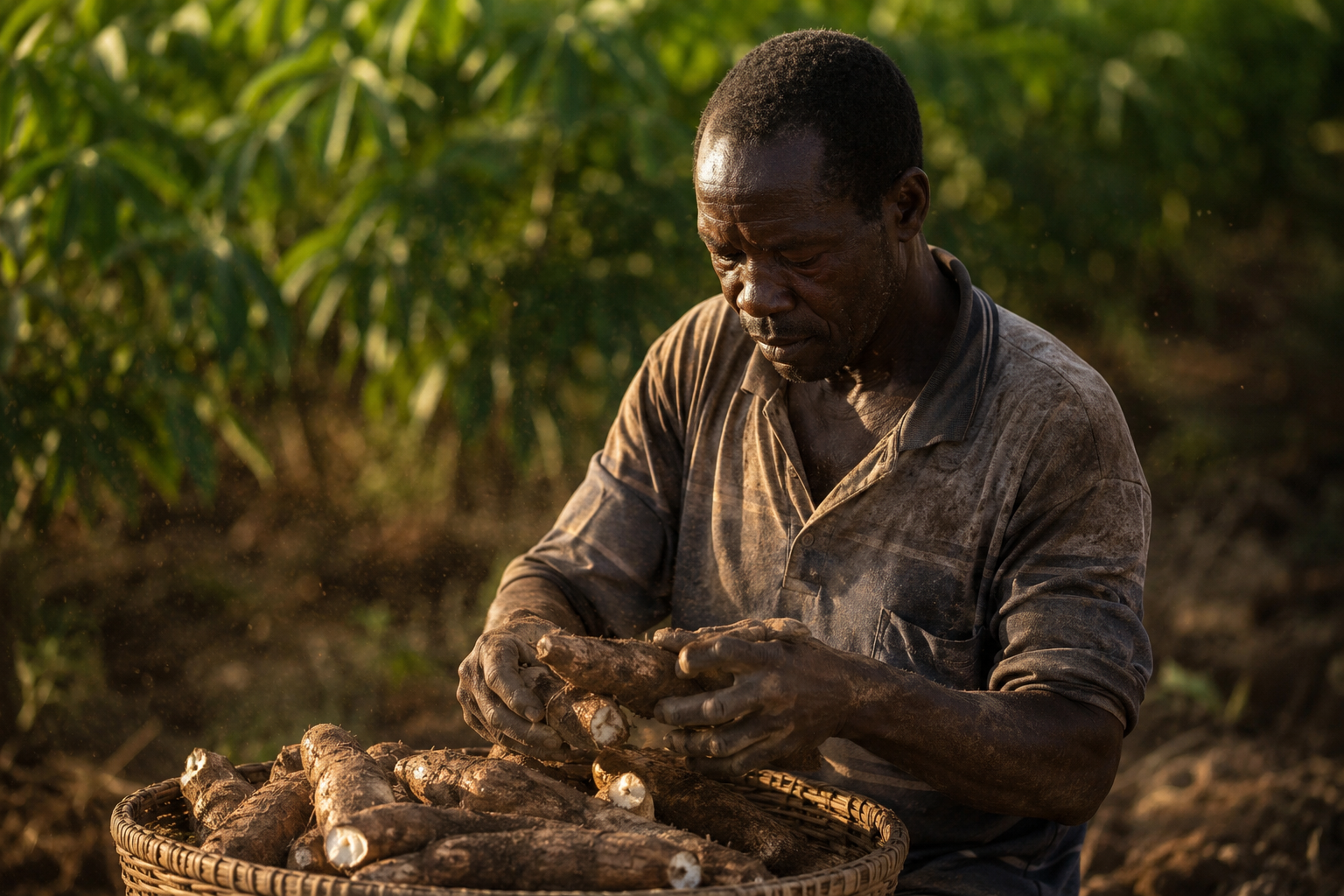 Smallholder farmer harvesting cassava